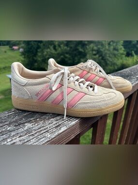 adidas Beige Suede Sneakers with Pink Three Stripes